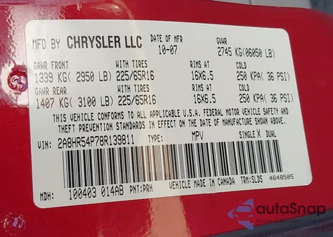 2008 Chrysler Town & Country Touring z USA, uszkodzony, nr VIN 2A8HR54P78R139811